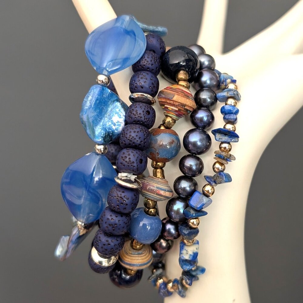 5 shades of blue layering beaded bracelets